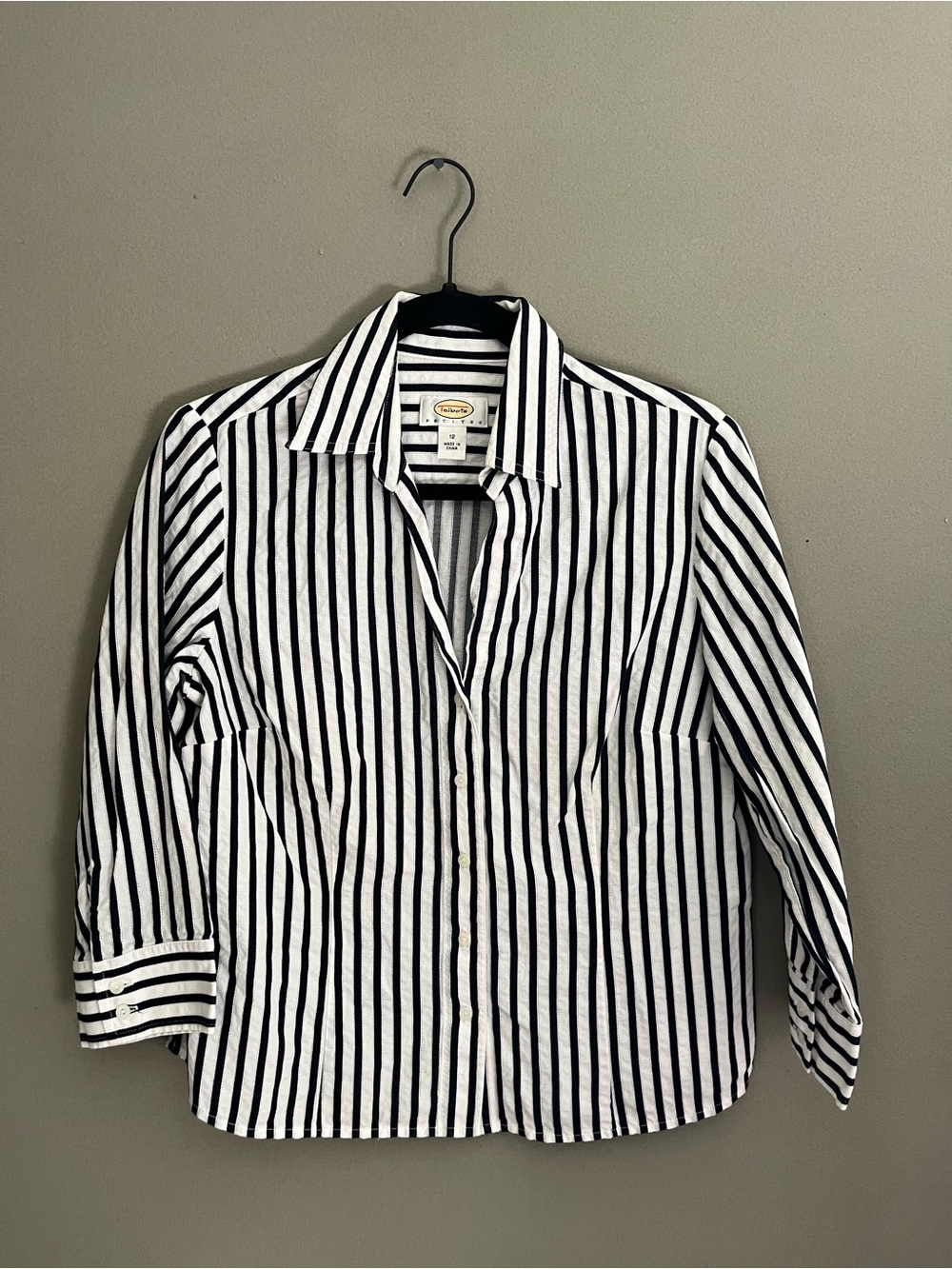 Talbots Petites 12 Black and White Striped Button-Down Shirt Classic Twee Chic